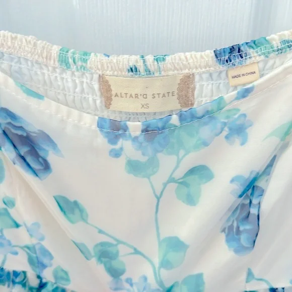 2023 Altar’d State Melanie Floral Dress Ivory Blue Floral Sheer Overlay Size XS - Picture 6 of 7
